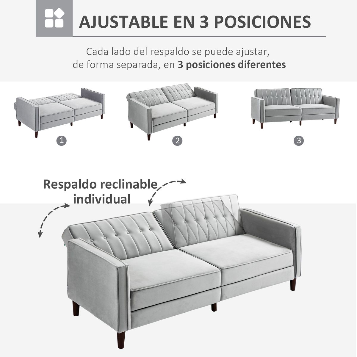 Sofá cama Paulo Homcom 3 plazas respaldo reclinable gris 78,5x189x80,5 cm