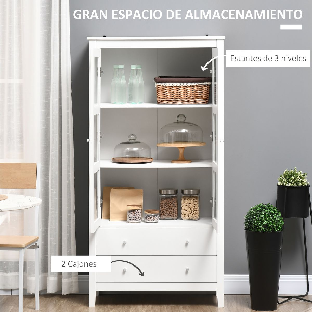 Vitrina Vela Homcom 2 puertas 3 estantes + 2 cajones blanco 160x80x40 cm