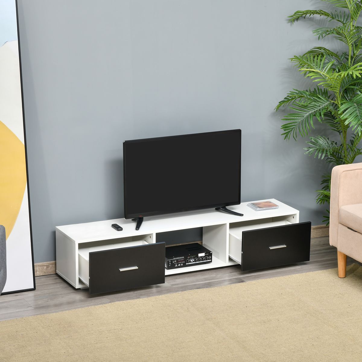 Mueble de TV Shimo Homcom 2 cajones + compartimento abierto blanco/negro 32x140x30 cm