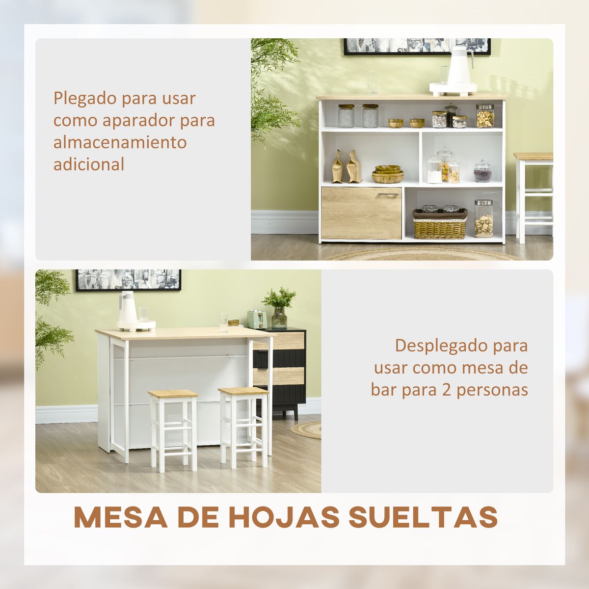 Isla de cocina Colina Homcom con ala abatible 4 compartimentos + armario blanco/natural 91x116x79,5 cm