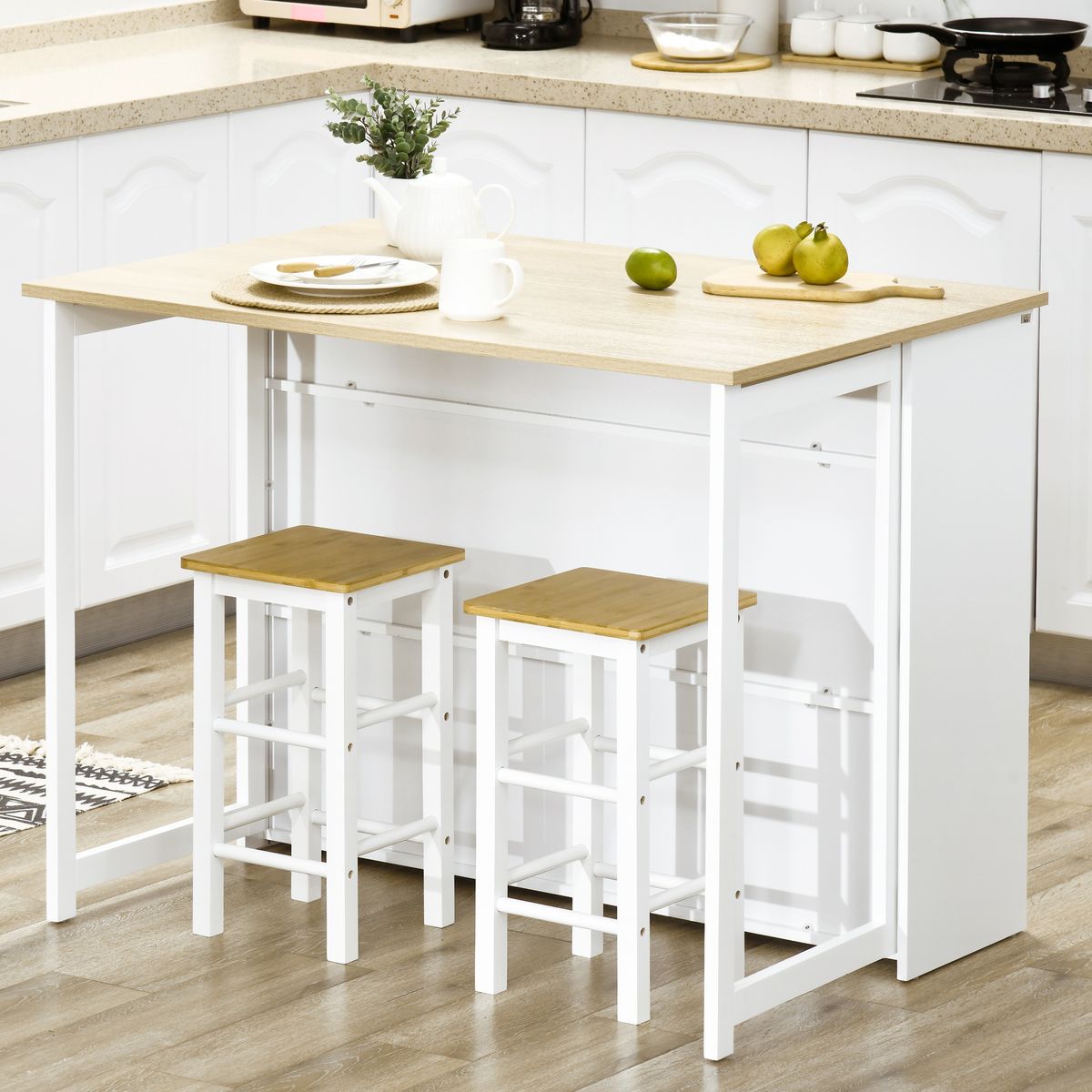 Isla de cocina Colina Homcom con ala abatible 4 compartimentos + armario blanco/natural 91x116x79,5 cm