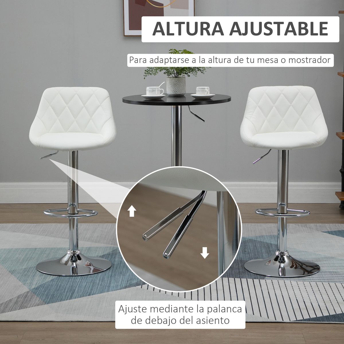 Pack de 2 taburetes Shangai Homcom altura regulable con reposapiés blanco 83-104x46x48 cm