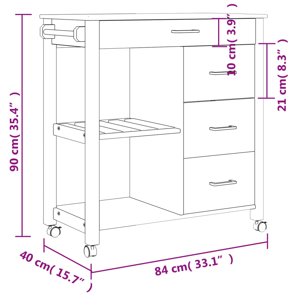 carrito auxiliar monza 4 cajones + 2 estantes madera de pino natural 90x84x40 cm