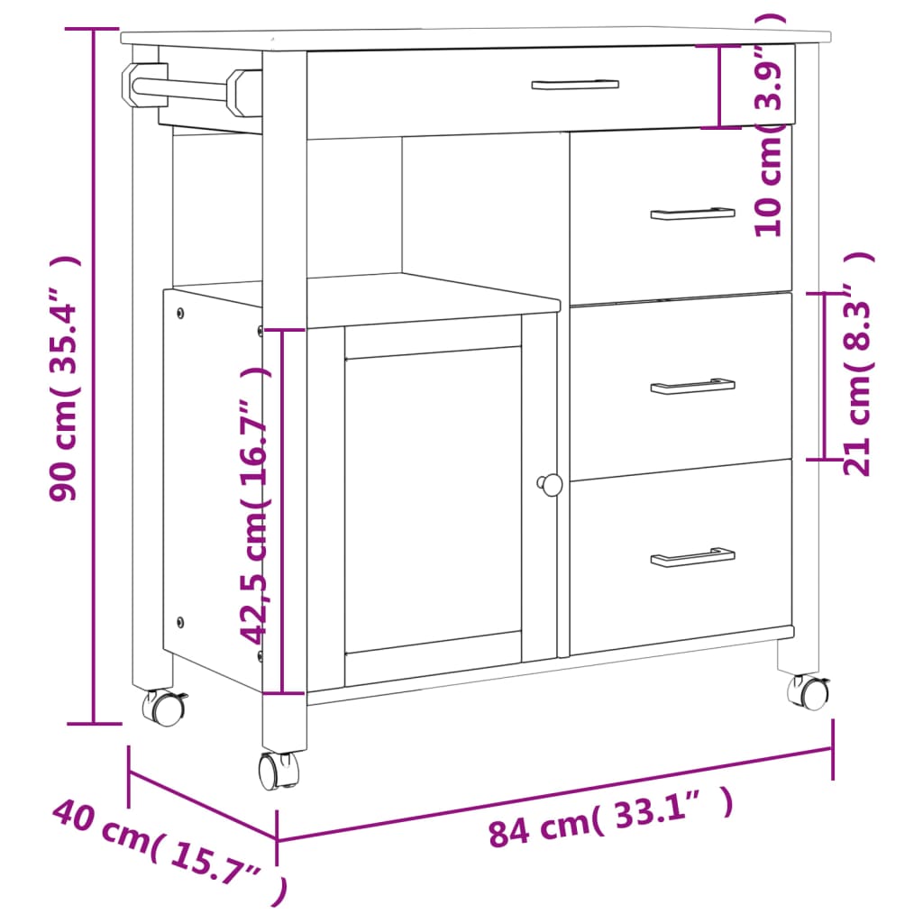 Carrito auxiliar Monza 4 cajones + armario madera de pino natural 90x84x40 cm