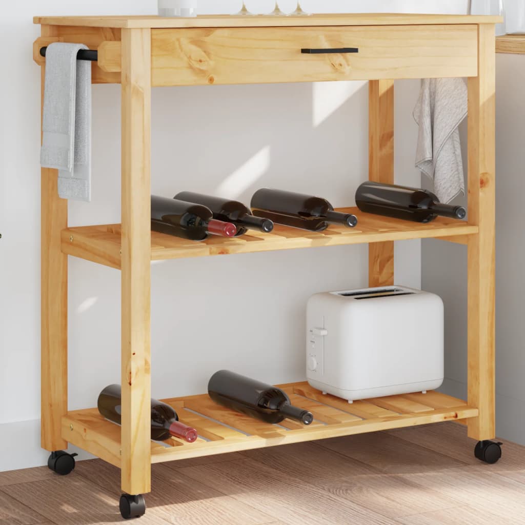 Carrito auxiliar Monza 2 estantes listones + cajón madera de pino natural 90x84x40 cm