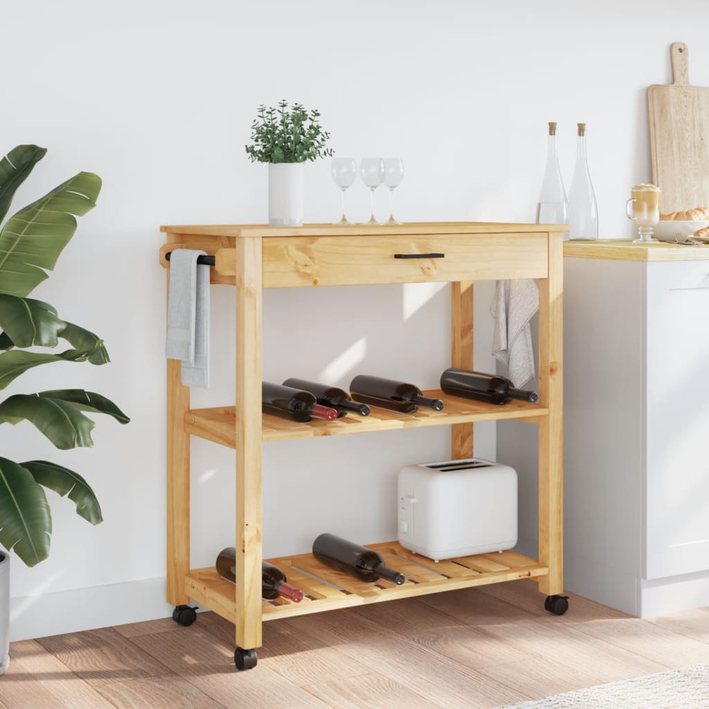 Carrito auxiliar Monza 2 estantes listones + cajón madera de pino natural 90x84x40 cm