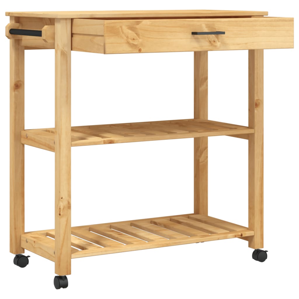 Carrito auxiliar Monza 2 estantes listones + cajón madera de pino natural 90x84x40 cm