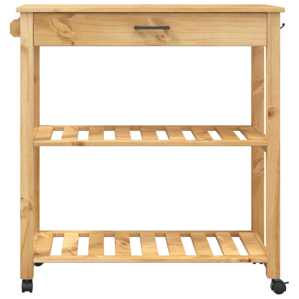 Carrito auxiliar Monza 2 estantes listones + cajón madera de pino natural 90x84x40 cm
