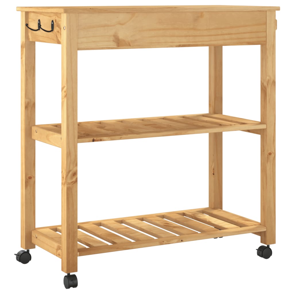 Carrito auxiliar Monza 2 estantes listones + cajón madera de pino natural 90x84x40 cm