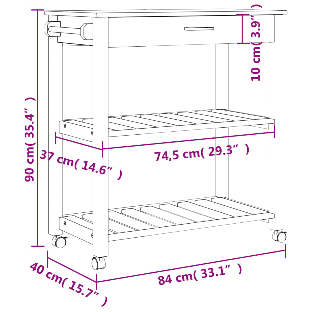 Carrito auxiliar Monza 2 estantes listones + cajón madera de pino blanco 90x84x40 cm