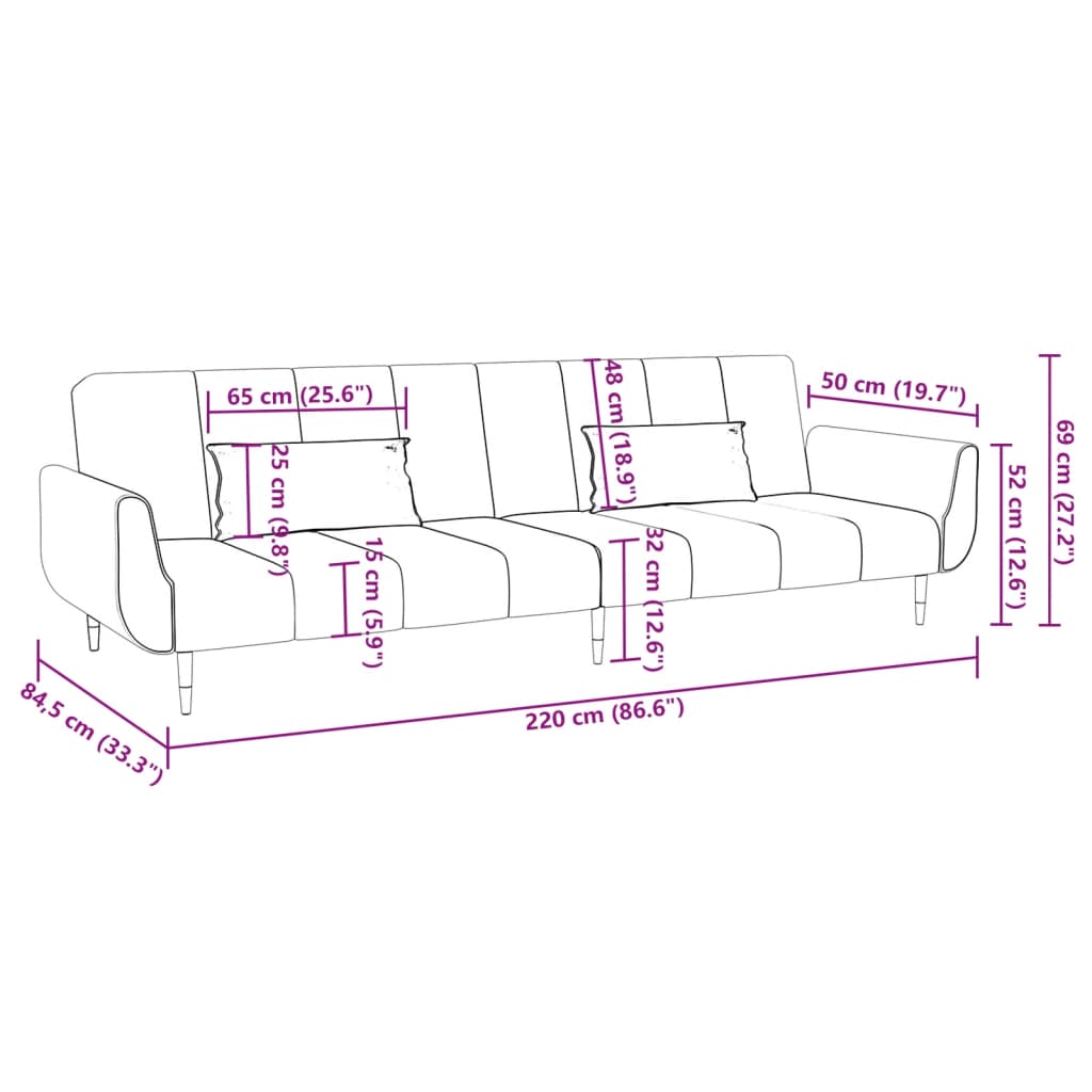Sofá cama Hirina 2 plazas respaldo ajustable con almohadas azul 69x220x84,5 cm