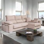 Sofá chaiselongue Rubí 3 plazas + 2 puffs beige frente derecho 102x265x145 cm