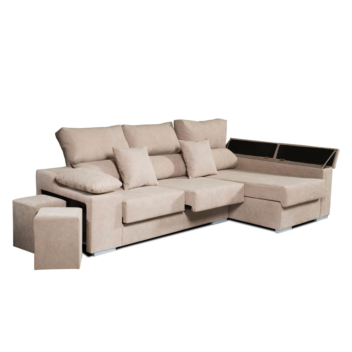 Sofá chaiselongue Rubí 3 plazas + 2 puffs beige frente derecho 102x265x145 cm 3