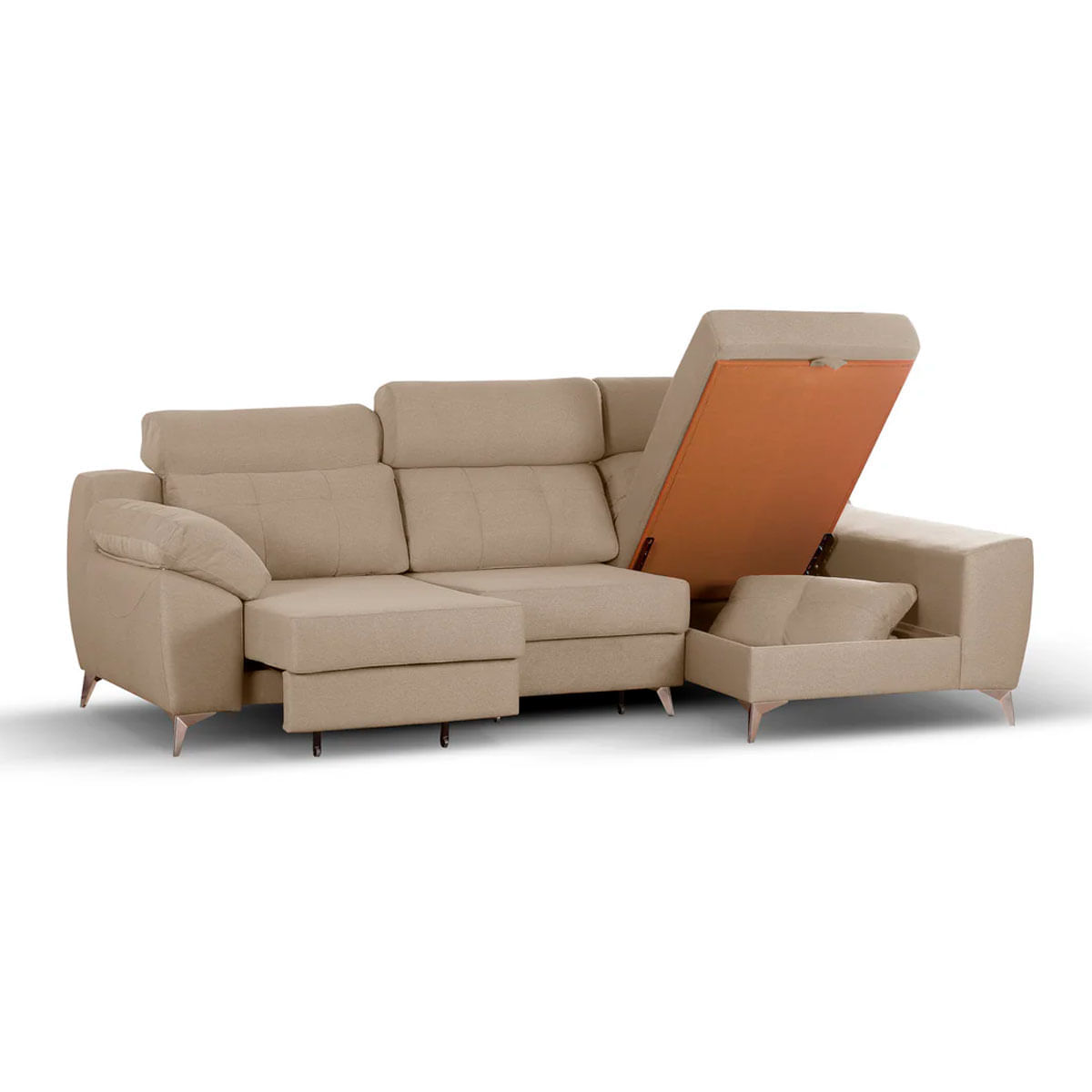 Sofá chaiselongue Elegance 3 plazas convertible en cama beige frente derecho 110x285x150 cm