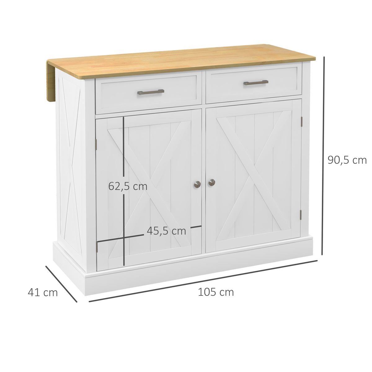 Isla de cocina Diluvio Homcom con encimera plegable 2 puertas + 2 cajones blanco 90,5x105x60 cm medidas