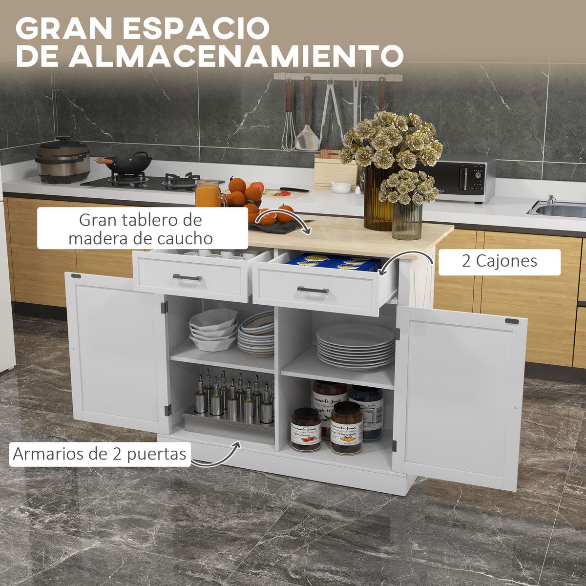 Isla de cocina Diluvio Homcom con encimera plegable 2 puertas + 2 cajones blanco 90,5x105x60 cm