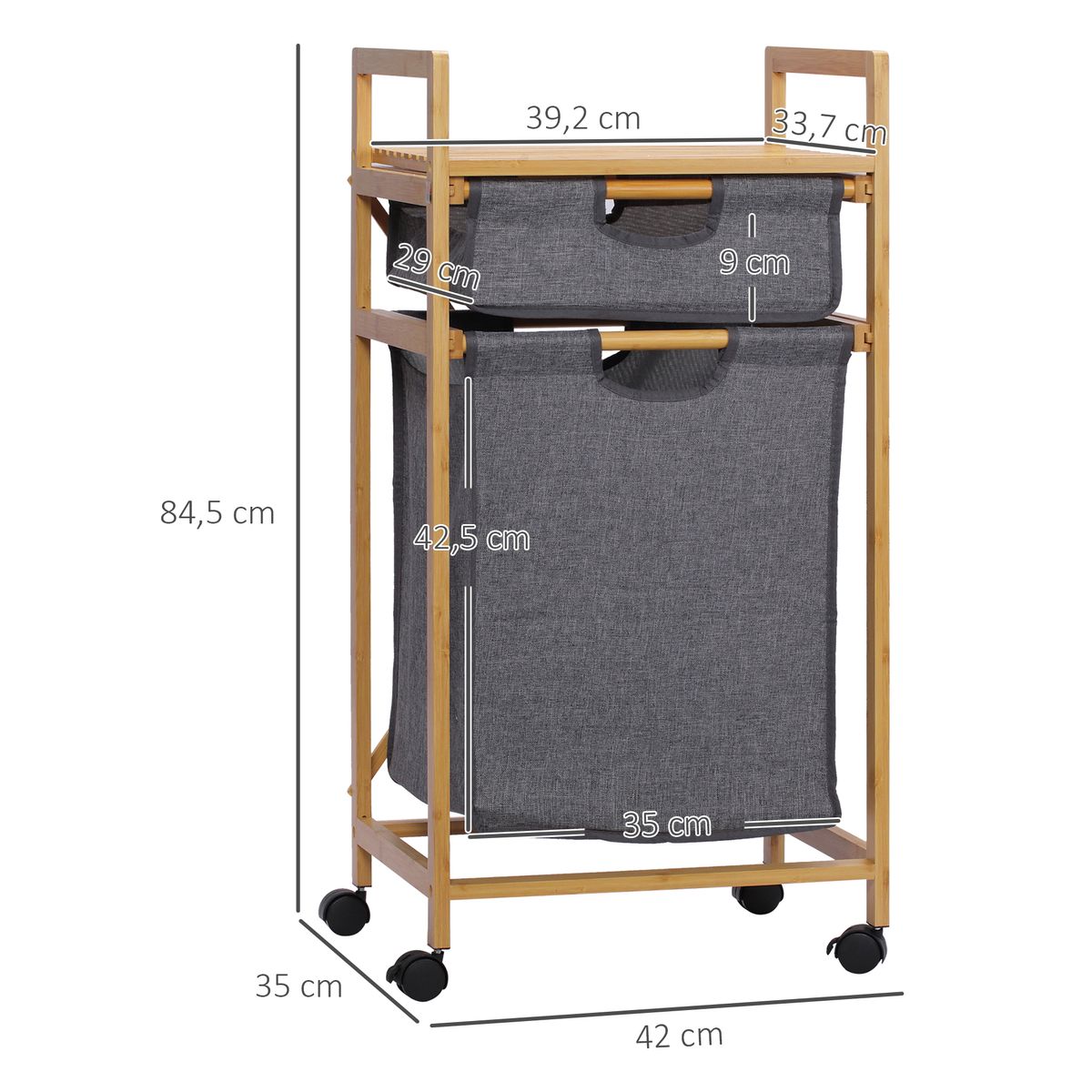 Cesto de la ropa sucia Umyt Homcom bambú 2 cestas gris 84,5x42x35 cm