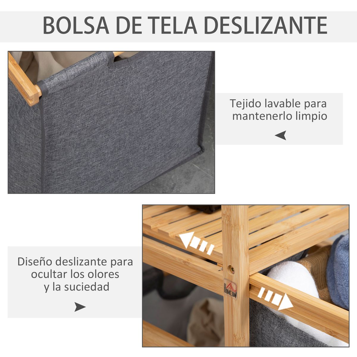 Cesto de la ropa sucia Umyt Homcom bambú 2 cestas gris 84,5x42x35 cm