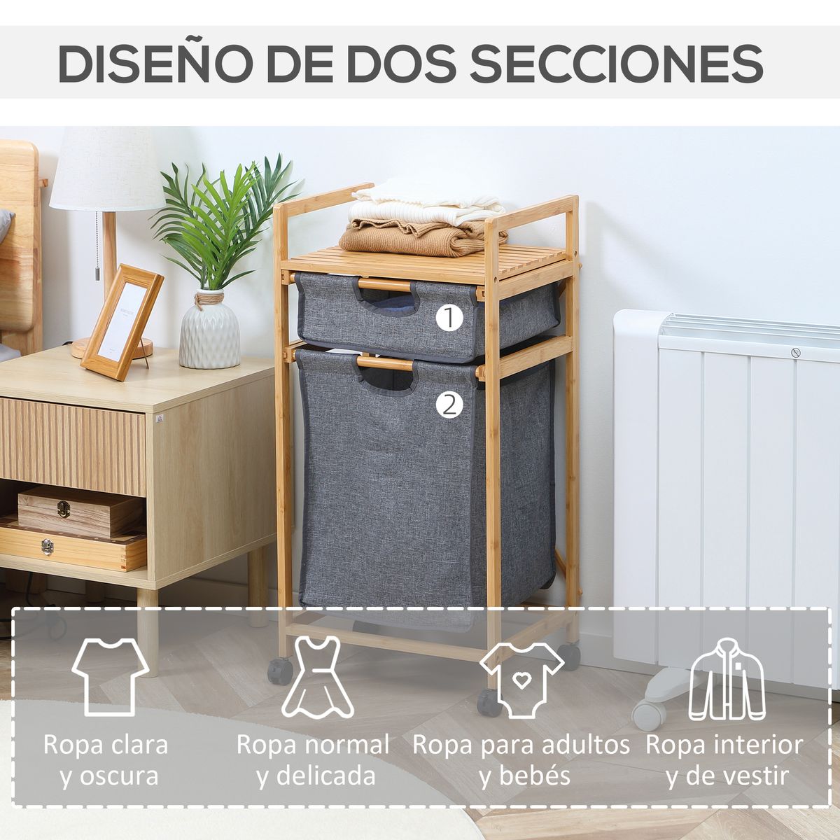 Cesto de la ropa sucia Umyt Homcom bambú 2 cestas gris 84,5x42x35 cm