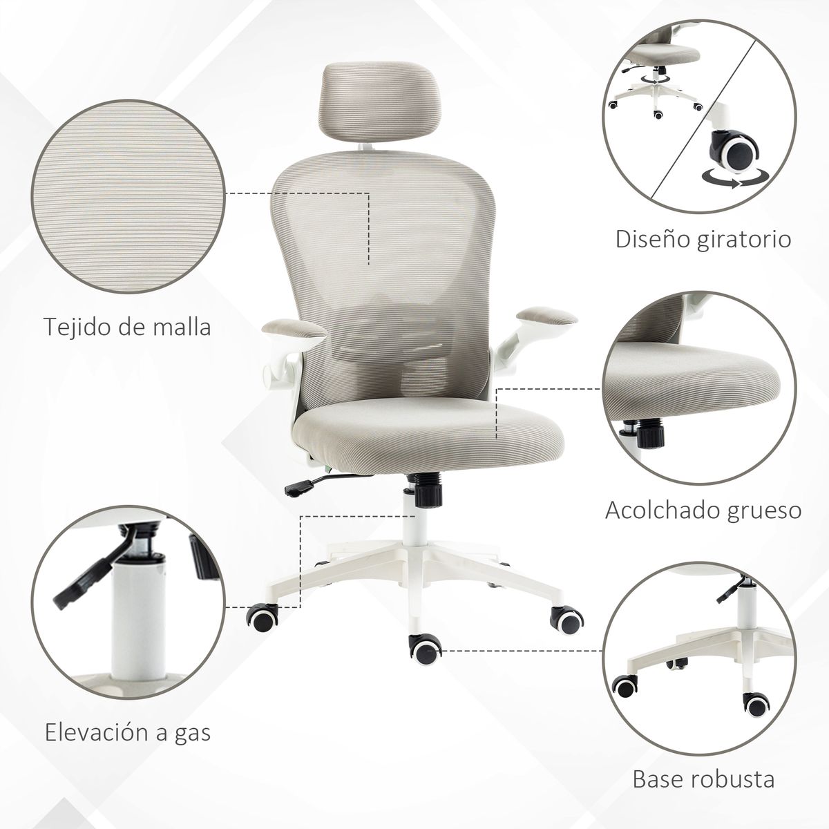 Silla de oficina Ryan malla respaldo alto con reposacabezas gris 112-120x64x64 cm