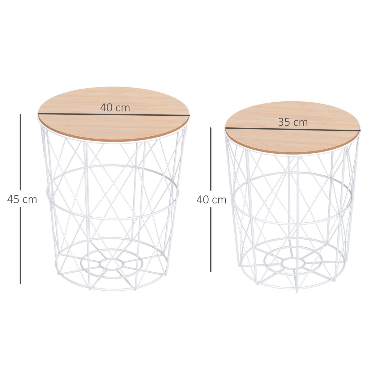 Set de 2 mesas auxiliares Ikko Homcom con tapa blanco/natural Ø40/Ø35 cm medidas