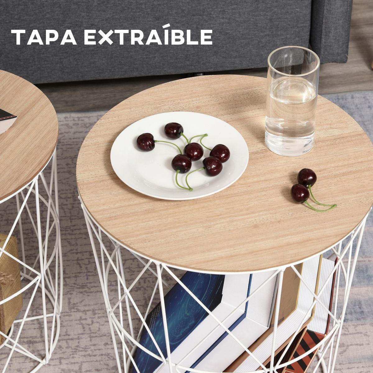 Set de 2 mesas auxiliares Ikko Homcom con tapa blanco/natural Ø40/Ø35 cm