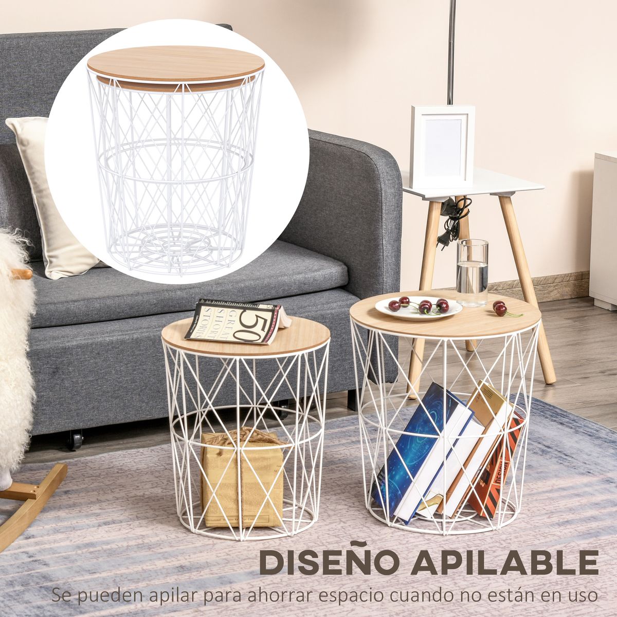 Set de 2 mesas auxiliares Ikko Homcom con tapa blanco/natural Ø40/Ø35 cm