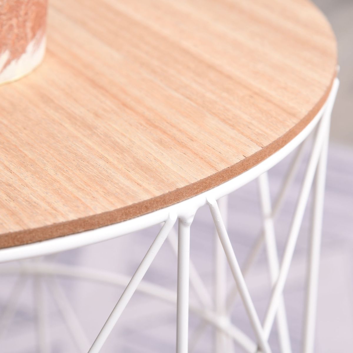 Set de 2 mesas auxiliares Ikko Homcom con tapa blanco/natural Ø40/Ø35 cm detalle