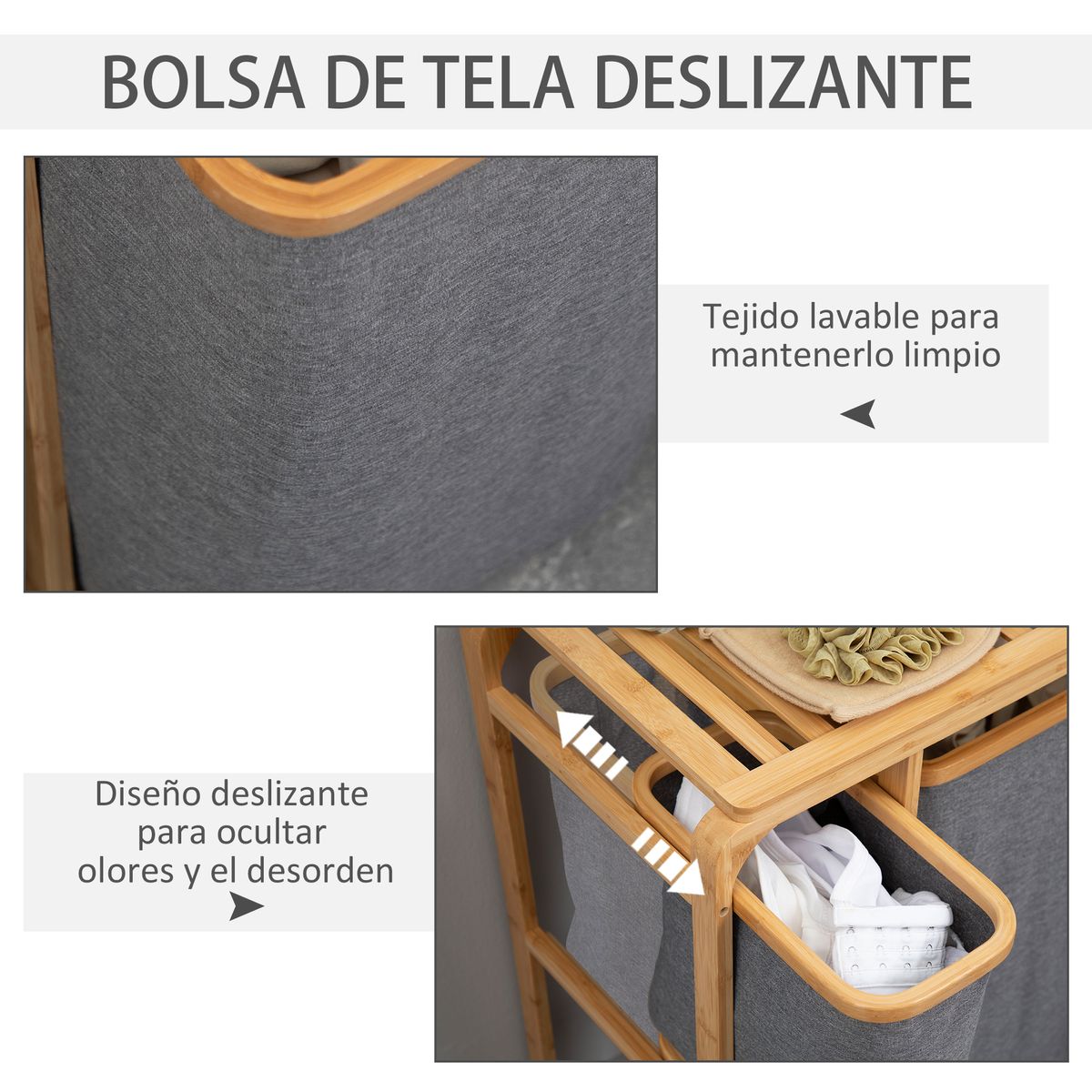 Cesto de la ropa sucia Mosas Homcom bambú 3 cestas gris 69,7x50x32 cm