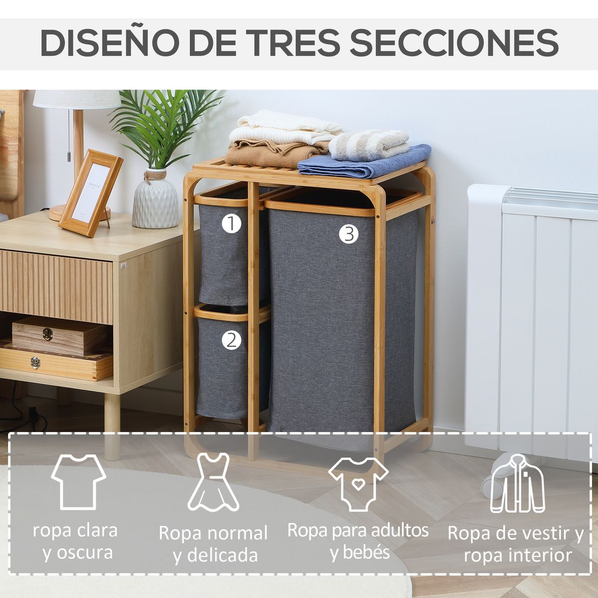 Cesto de la ropa sucia Mosas Homcom bambú 3 cestas gris 69,7x50x32 cm
