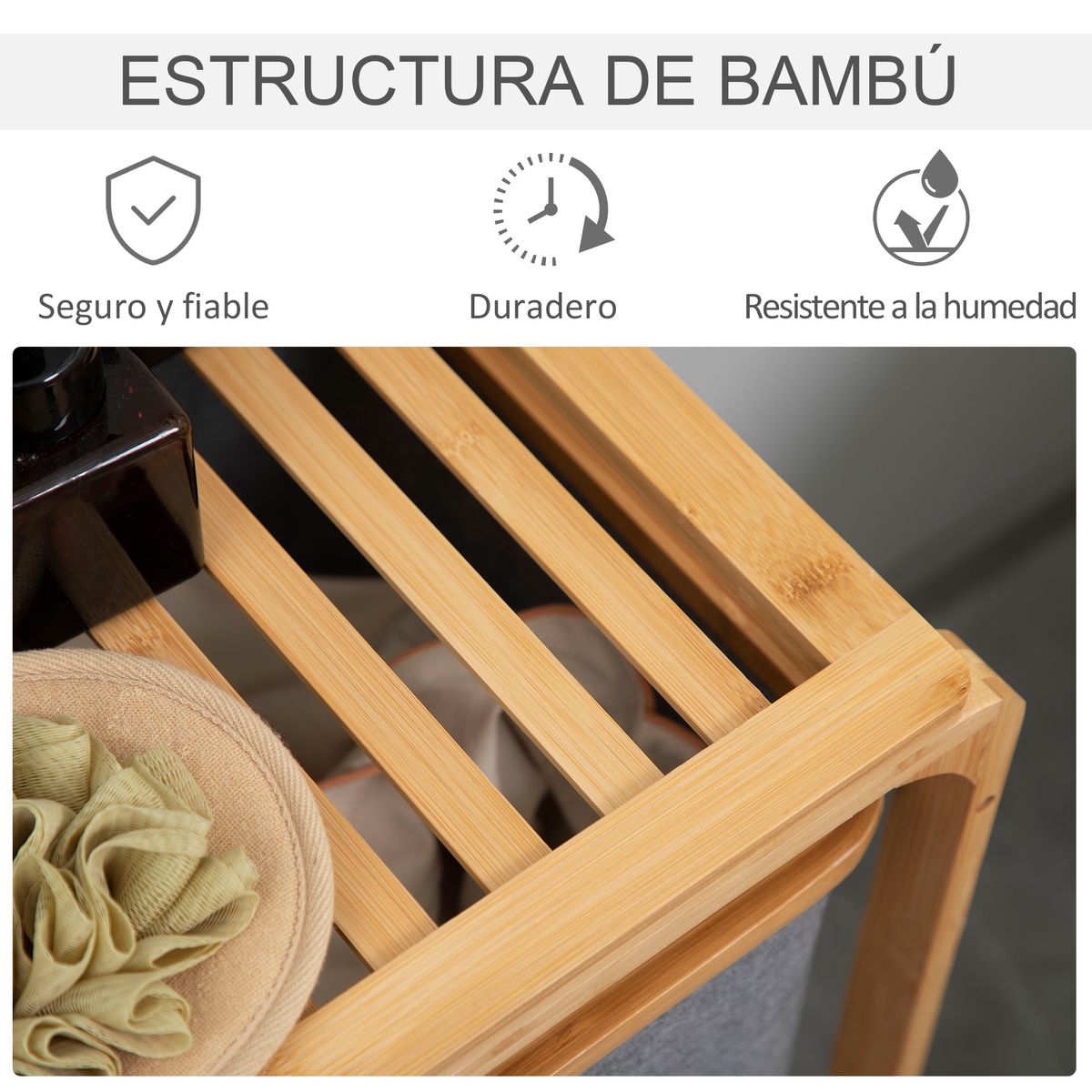 Cesto de la ropa sucia Mosas Homcom bambú 3 cestas gris 69,7x50x32 cm