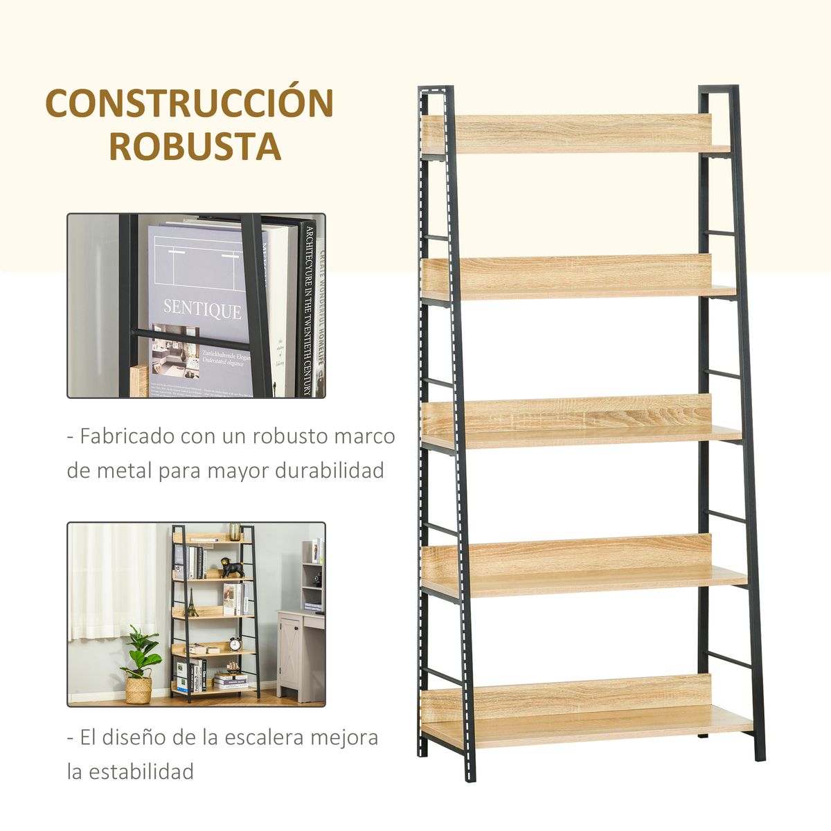 Estantería Nogal Homcom 5 niveles tipo librería natural/negro 149,5x70x35 cm
