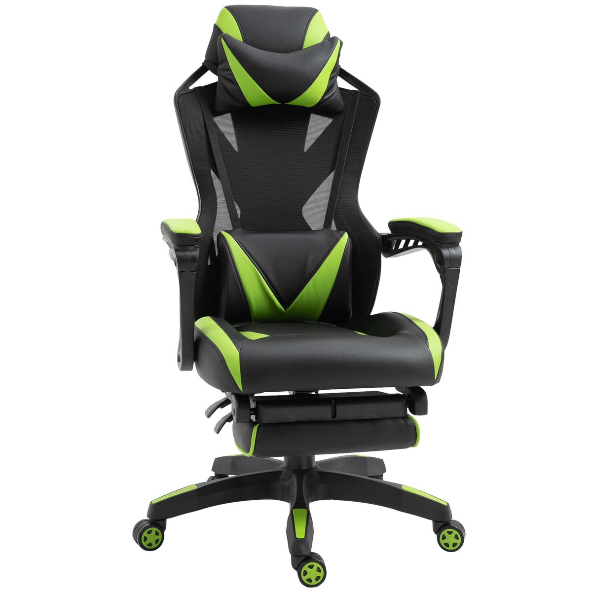 Silla gaming Thor Vinsetto reposapiés retráctil + cojín lumbar negro/verde 117-125x65x70 cm