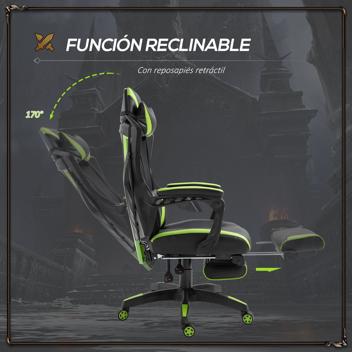 Silla gaming Thor Vinsetto reposapiés retráctil + cojín lumbar negro/verde 117-125x65x70 cm
