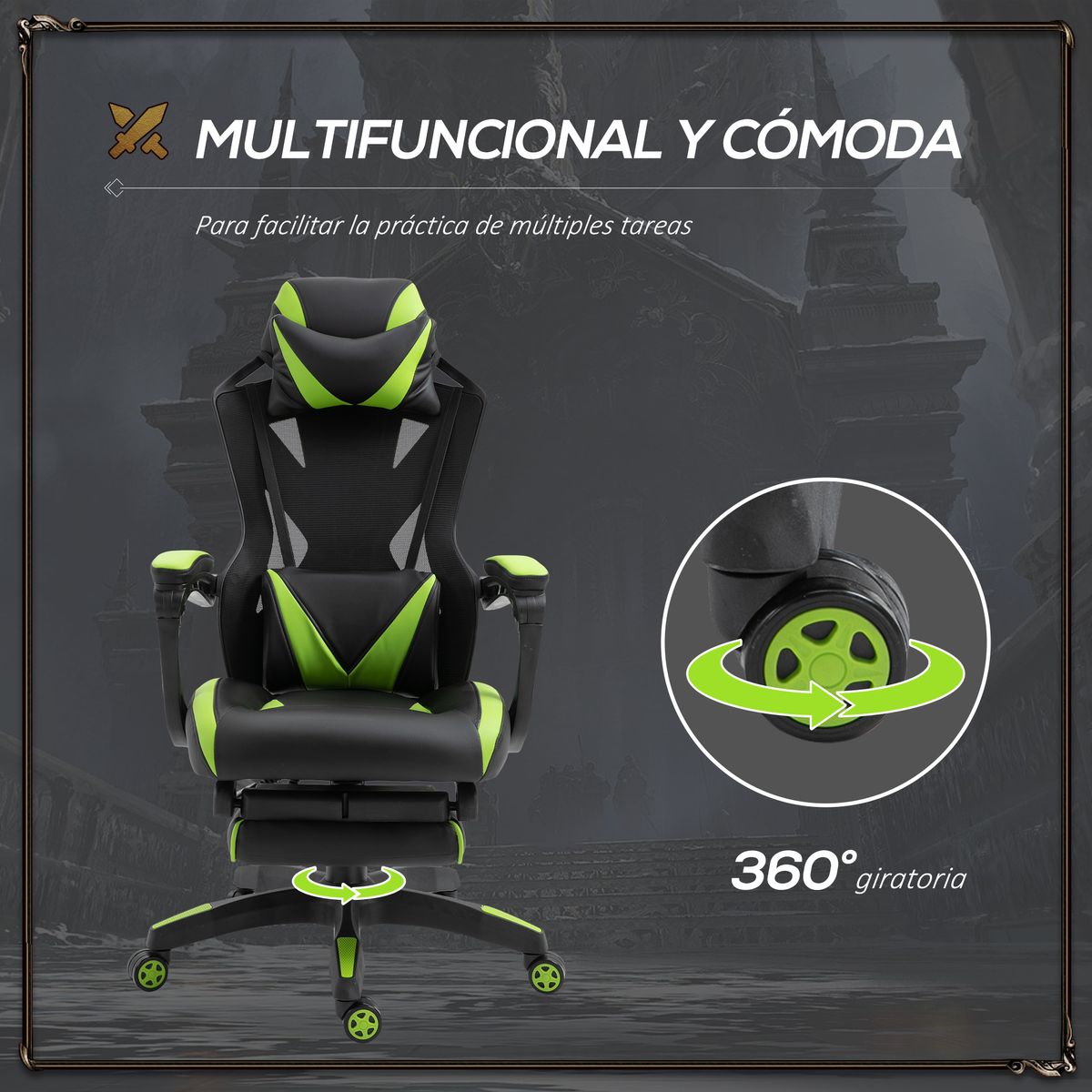 Silla gaming Thor Vinsetto reposapiés retráctil + cojín lumbar negro/verde 117-125x65x70 cm