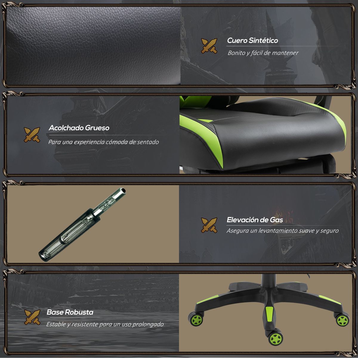 Silla gaming Thor Vinsetto reposapiés retráctil + cojín lumbar negro/verde 117-125x65x70 cm