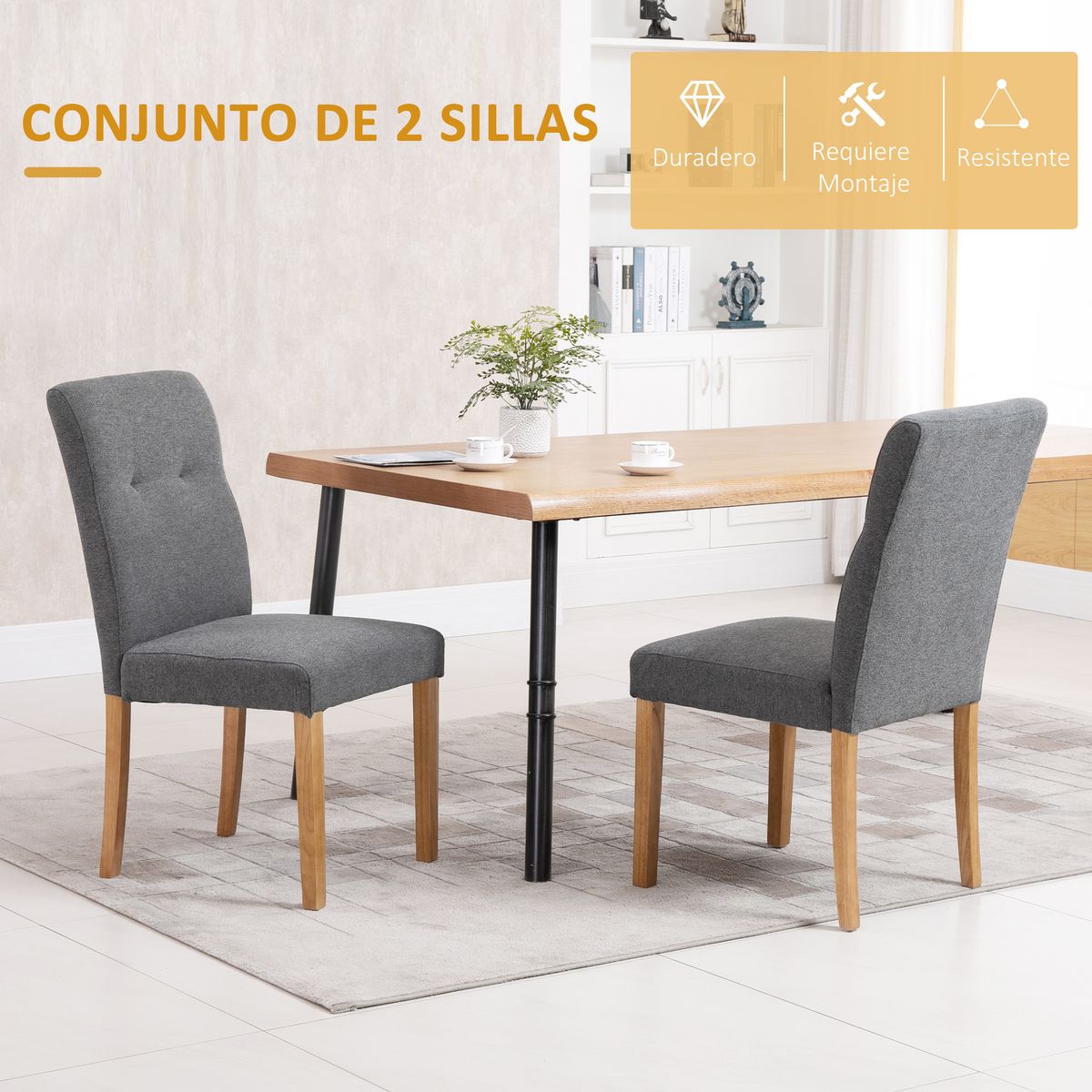 Pack de 2 sillas de comedor Sicilia Homcom acolchadas gris 96x50x62 cm