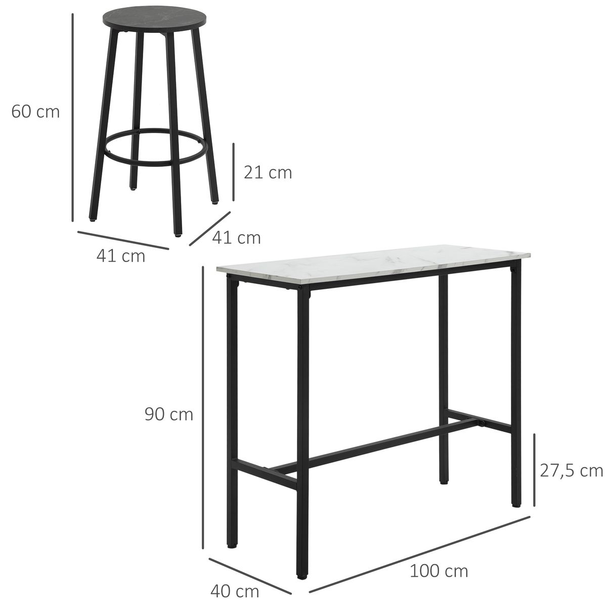Conjunto de mesa y 2 taburetes Minerva Homcom blanco/negro