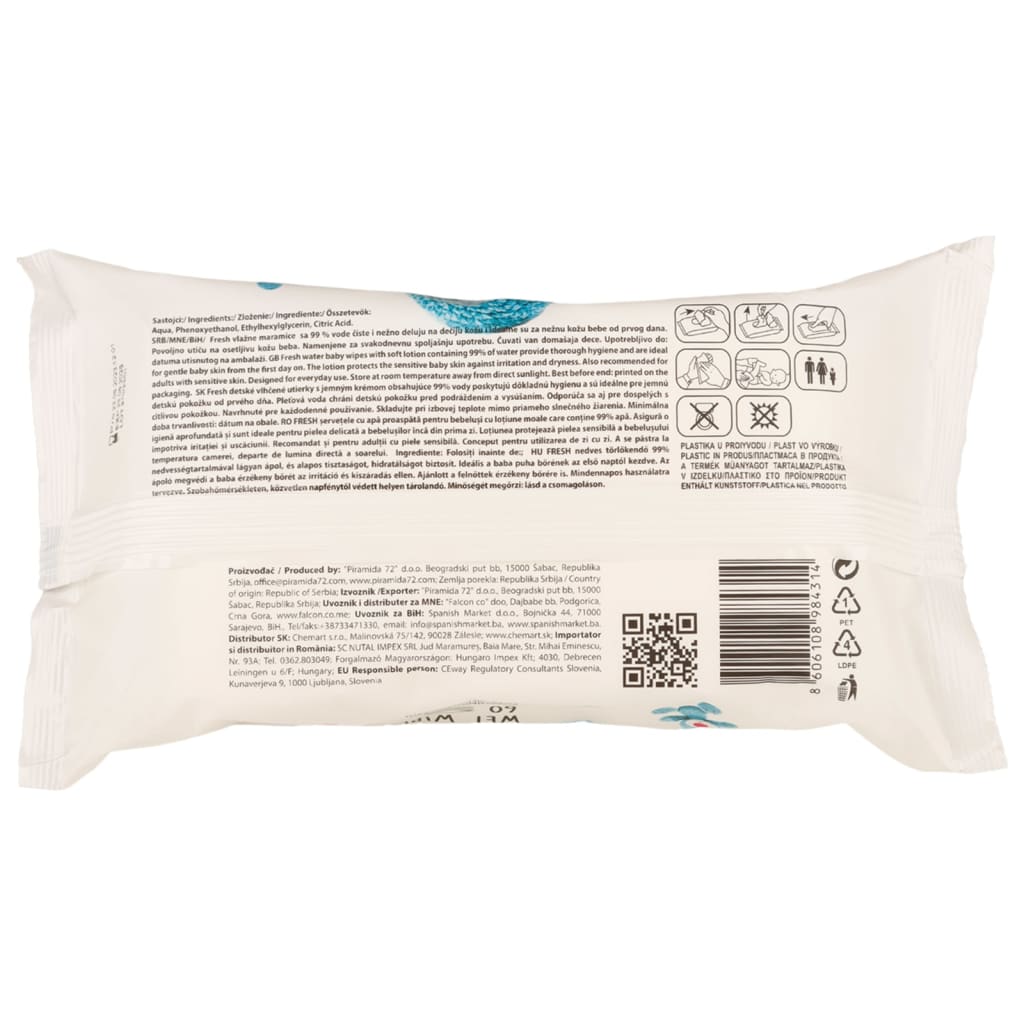 Pack de 12 paquetes de toallitas de bebé Baby Frash (720 en total) pH neutro blanco