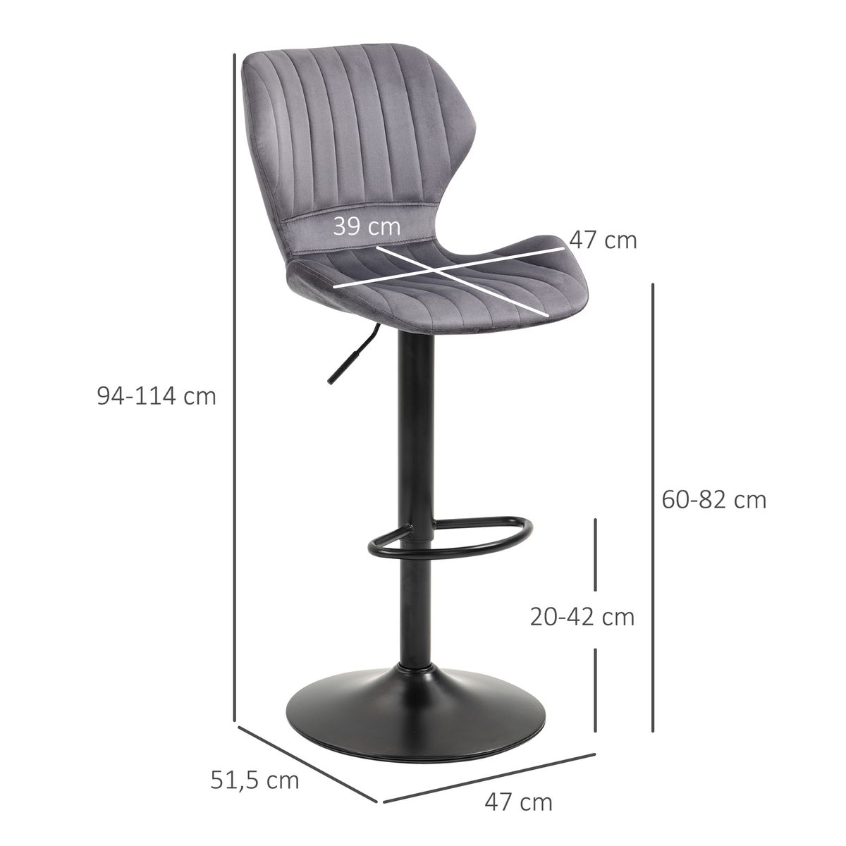Pack de 2 taburetes River Homcom altura ajustable con reposapiés gris 92-114x47x51,5 cm medidas