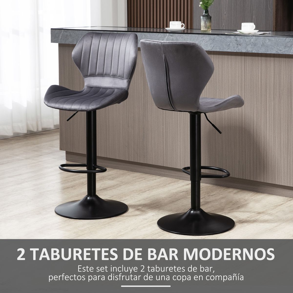Pack de 2 taburetes River Homcom altura ajustable con reposapiés gris 92-114x47x51,5 cm