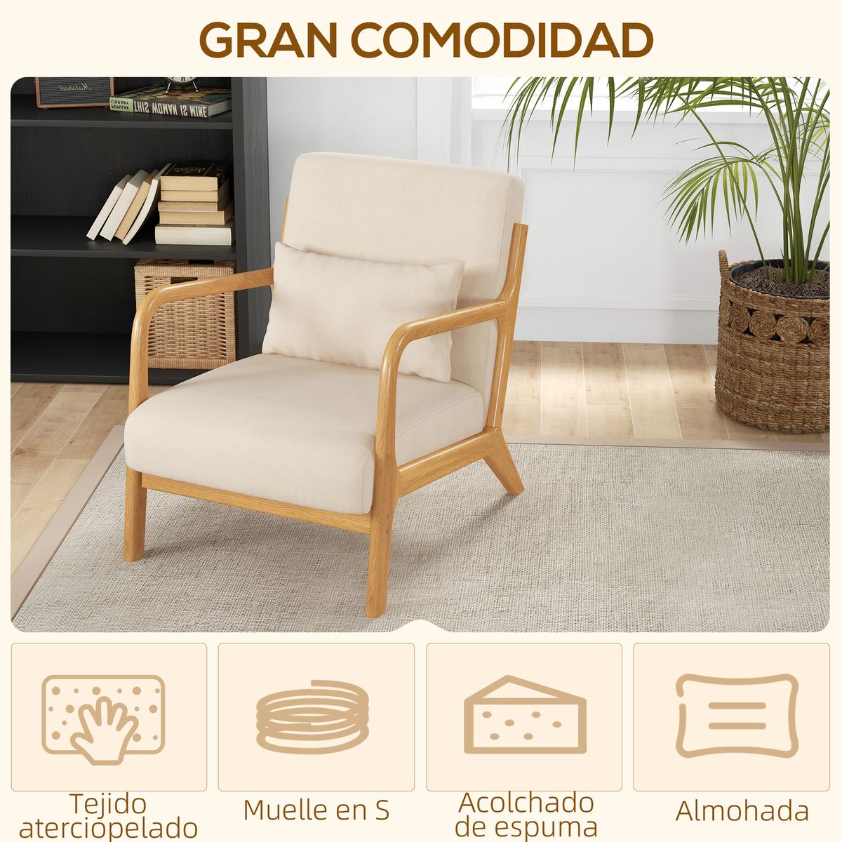Sillón Batuta Homcom acolchado con reposabrazos beige 76x61x78 cm