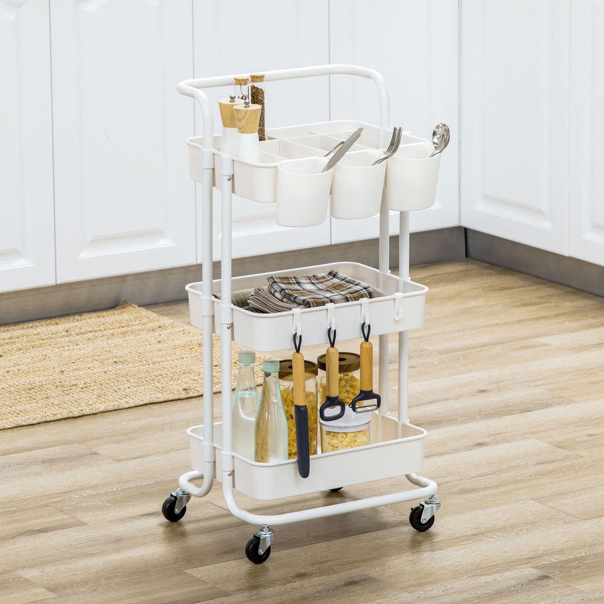 Carrito auxiliar Beany Homcom 3 niveles + ganchos y cajas colgantes blanco 86,5x42x38 cm