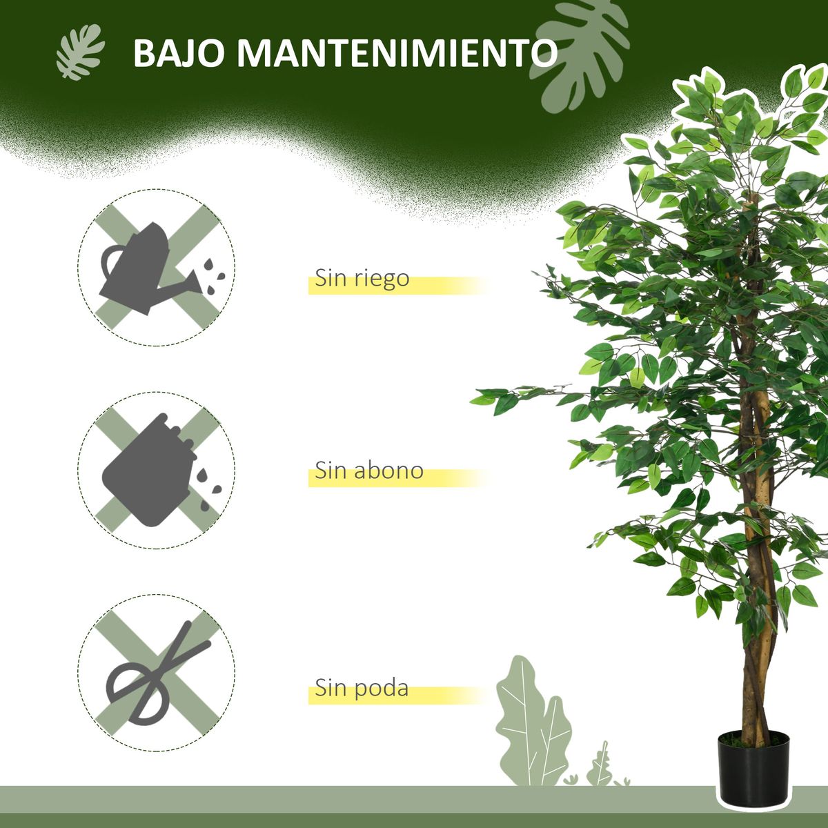 Planta imitación ficus Homcom 882 hojas verde 150 cm detalles