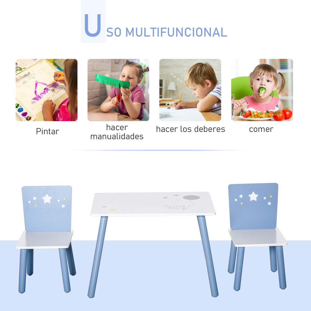 Conjunto de mesa y 2 sillas infantiles Blue Sky Homcom blanco/azul
