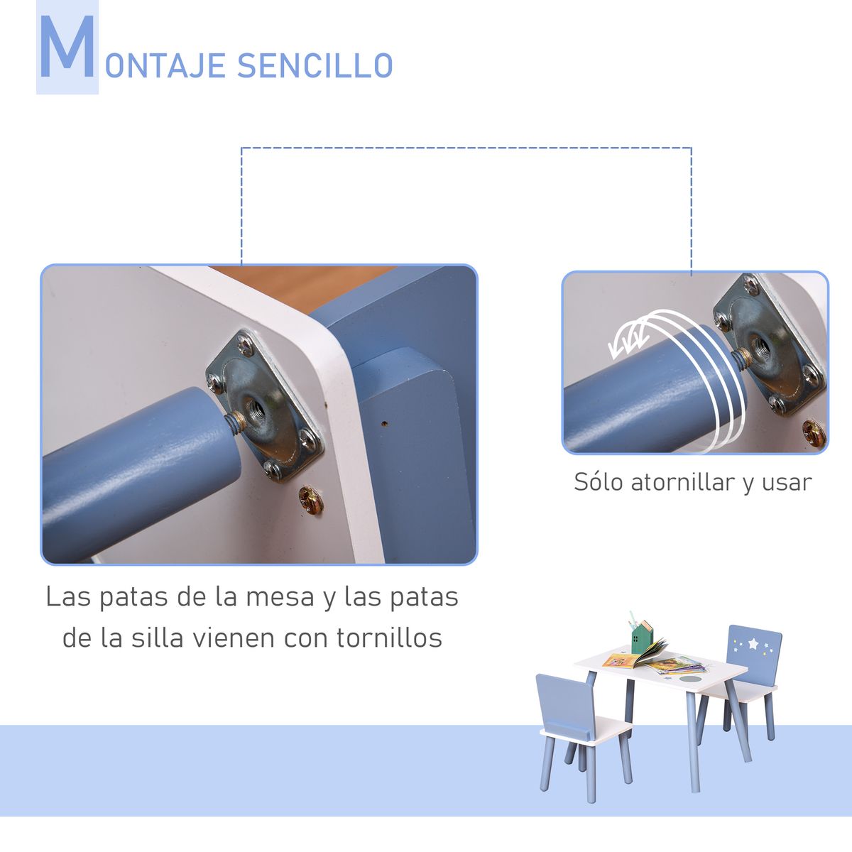 Conjunto de mesa y 2 sillas infantiles Blue Sky Homcom blanco/azul