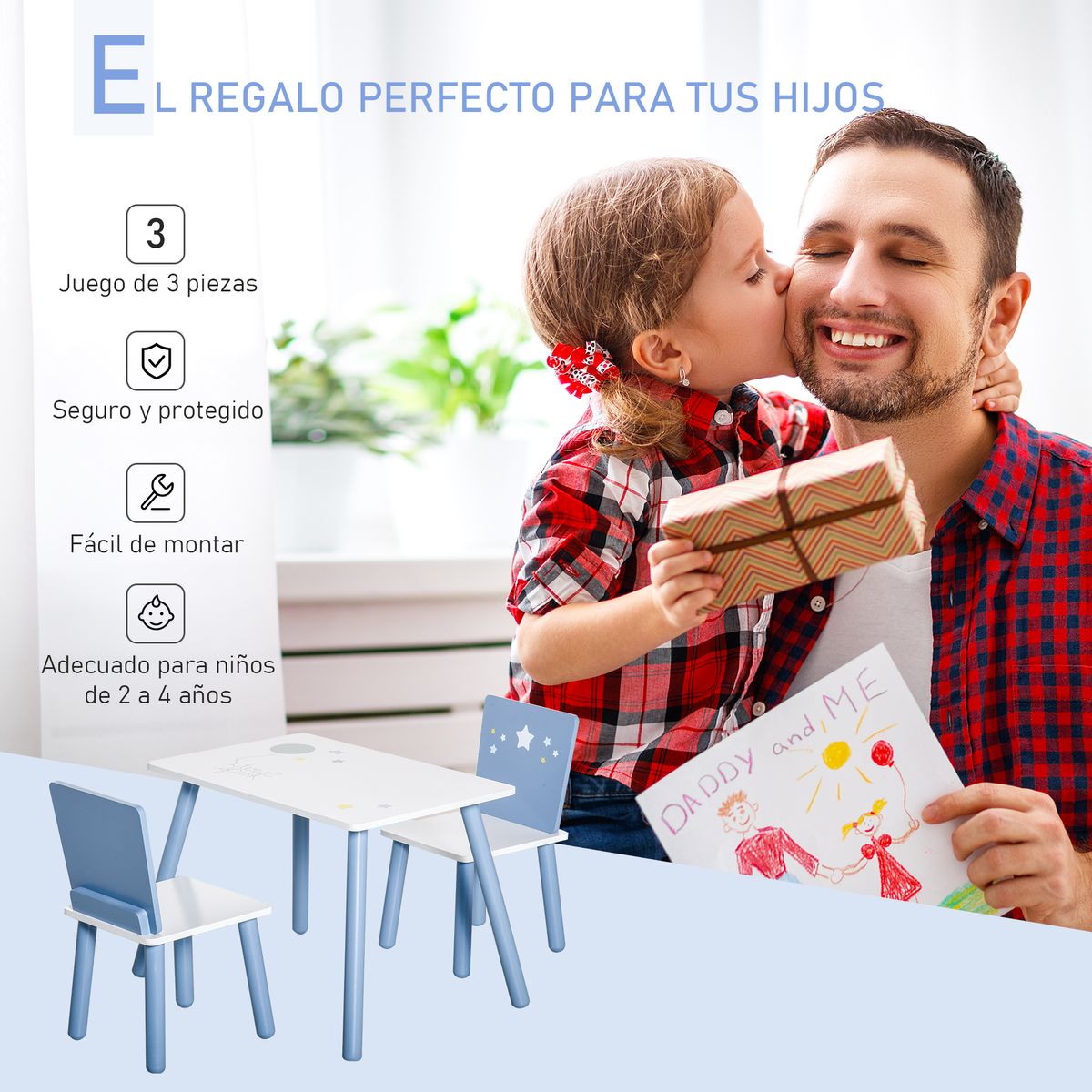Conjunto de mesa y 2 sillas infantiles Blue Sky Homcom blanco/azul