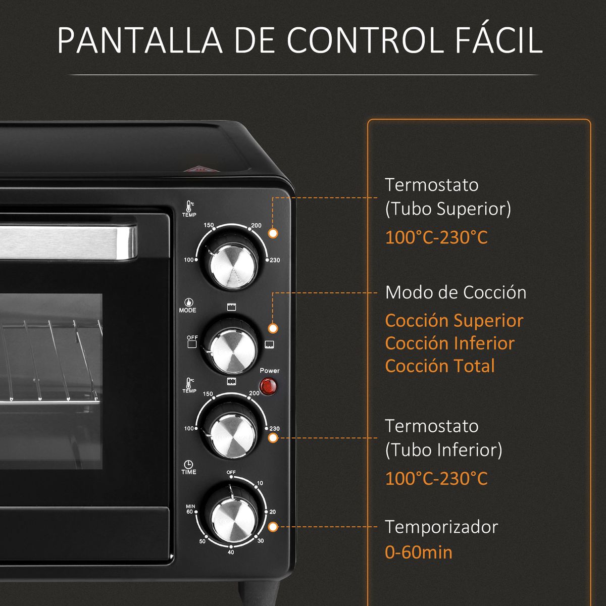 Horno de sobremesa Power Flame Homcom 32L 1600W negro 33,5x52,2x38,1 cm