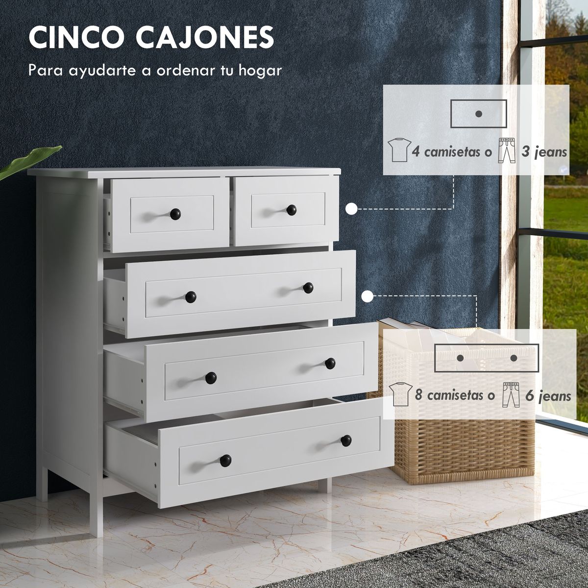 Cómoda Kalue Homcom 5 cajones blanco 91x74x40 cm