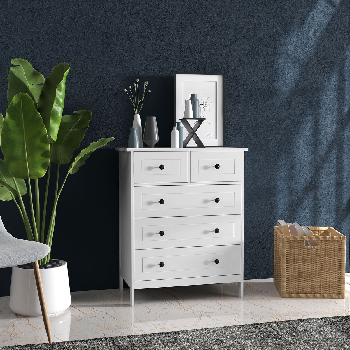 Cómoda Kalue Homcom 5 cajones blanco 91x74x40 cm